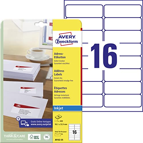 AVERY Zweckform J8162-25 Adressetiketten/Adressaufkleber (400 Etiketten, 99,1x33,9mm auf A4, bedruckbar, selbstklebend, für DIN lang Briefkuverts, Papier matt, Inkjet-Drucker) 25 Blatt, weiß