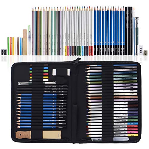 H & B 51-Piece Colored Pencils Set, Drawing Pencils and Sketching Kit, Complete Artist Kit, Includes Graphite Pencils, Metallic Color Pencils, Water-soluble Color Pencils Sketch Kit for Drawing