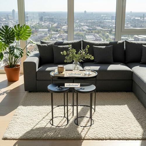 Image of Charcoal Rattan Cane Side Table with Glass top - Bohemian Solid Mango Wood Cane Iron Sofa Side end Table - Wood and Cane Nesting Table S#047 (Charcoal Black 2)