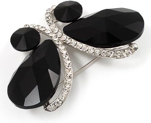 Statement Oversized Jet Black Crystal Butterfly Brooch (Silver Tone), black, silver, white / ivory - Image 4