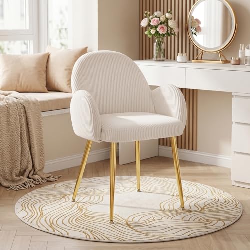 Image of Eifizek Petal Makeup Vanity Chair with Back, Cute Flower Office Desk Chair Comfy No Wheels for Girls /Women, Corduroy Upholstered Chair with Gold Metal Legs for Living Room, Bedroom, Home Office, Cream