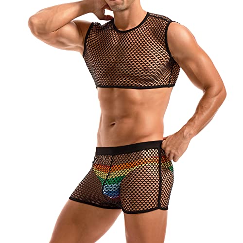 AMY COULEE Mens Fishnet Crop Top Sexy Mesh Tank Top See Through Sleeveless Undershirts Nightclub Party Vest3