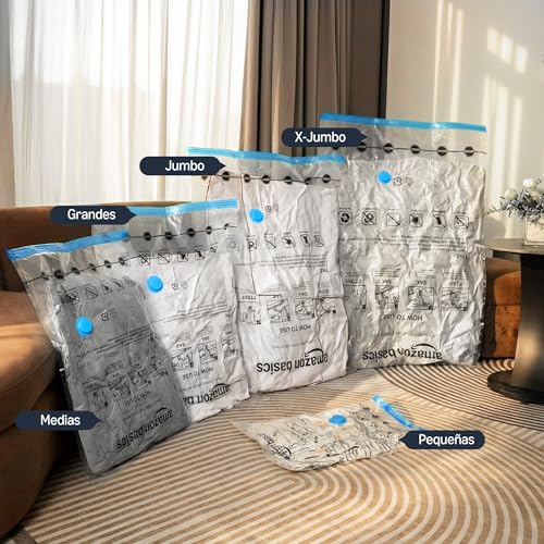 Amazon Basics Paquete de 6 Bolsas de vacío para Almacenamiento de Ropa, Incluyen Bomba Manual de vacío, con Cremallera, tamaño Extragrande,Jumbo, Transparente - Imagen 5