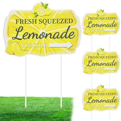 4 Sets 11' x 16' Summer Lemonade Yard Sign and Stake Corrugated Plastic Lemonade Arrow Sign Lemonade Stand Supplies Decorations for Lemonade Stand Birthday Outdoor Yard Advertise