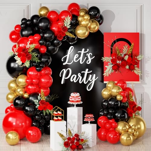 Kit Arco balões dourados vermelho preto, 113 peças hélio para balões de aniversário feliz balão preto e vermelho confete dourado, para aniversário casamento Baby Shower Dia dos Namorados decoração de