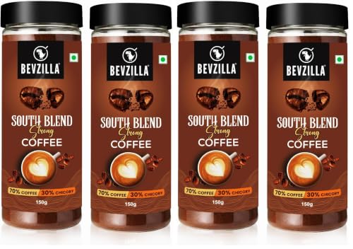 Image of Bevzilla Instant Filter Coffee Powder - South Blend | 70% Coffee, 30% Chicory | Extra Strong | 300g (150g x 2) | Bold Taste | Quick Preparation (Pack of 2)