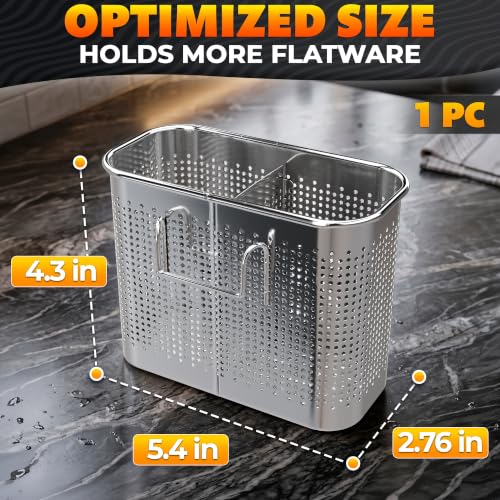 Image of Large 2-Compartment Chopstick Holder for Dishwasher, Stainless Steel Basket | Perforated dishwasher chopstick basket and utensil caddy for straws, teaspoons, small tools, 2 compartments with hooks