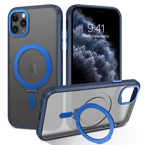 GUAGUA Coque Magnétique pour iPhone 11 Pro avec Support Métallique Compatible AVCE Magsafe Protection Antichoc Qualité Militaire Adapté Aimant Voiture Étui Housse Arrière Translucide Givrée,Bleu