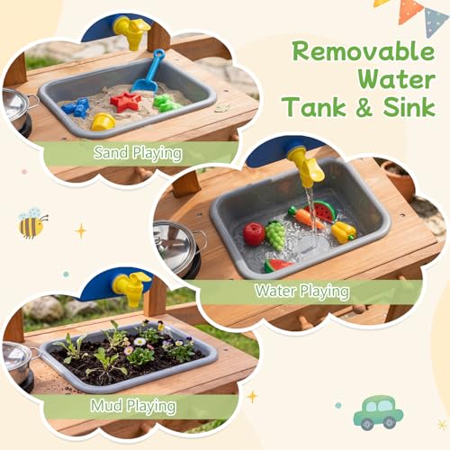 Image of HONEY JOY Mud Kitchen with Wheels, Fir Wood Outside Play Kitchen for Toddlers, Realistic Faucet & Water Tank, 15 Garden Tools, Storage Shelf, Planter Cups, Mud Table for Kids Outdoor Backyard,Natural