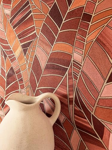 Newroom Papel Pintado Rojo Naranja No Tejido Hojas Selva - Tropical Moderno Hojas Palmera para Salón Dormitorio