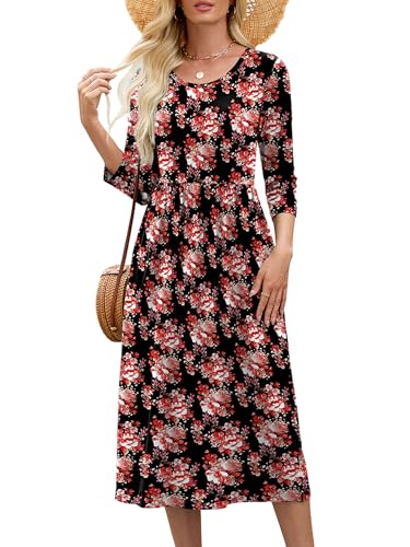Image of Heymoments Women's Casual 3 /4 Sleeve Midi Dress Crewneck A Line Tiered Flowy Loose Travel Long Dresses with Pockets