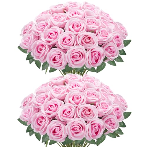 InnoGear 50 Pcs Pink Roses Artificial Flowers, Fake Velvet Silk Rose Bulk Faux Flower for Decoration DIY Wedding Centerpieces Proposal Bridal Bouquets Shower Party Home Floral Decor (50, Pink)