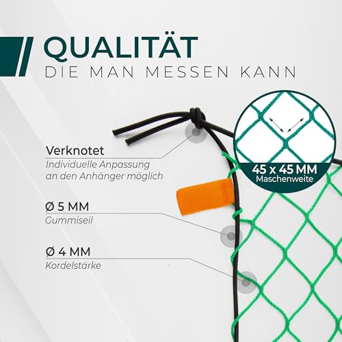 Anhängernetz 1,5x2,2M [DEKRA Geprüft] - Ladungssicherungsnetz mit Gummiseil & Eckenmarkierung - Abdecknetz für Anhänger, Reißfest