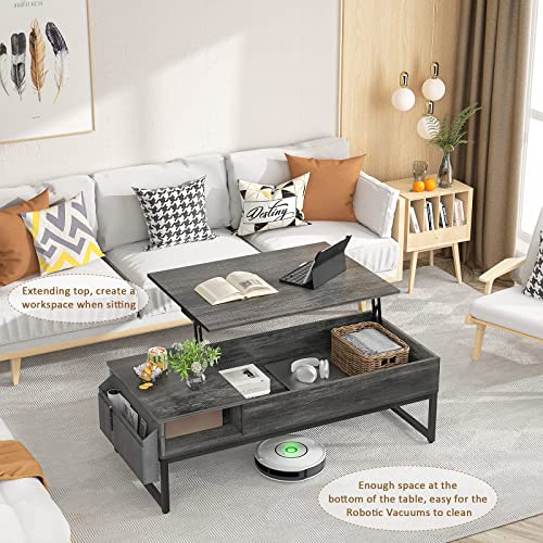 Aheaplus Lift Top Coffee Table With Storage, Wood Lifting Top Central Table Metal Frame, 43.3" Lift Tabletop Tea Table With Side Pouch, Cocktail Table Modern Pop Up Adjustable Table For Living Room #TOP1
