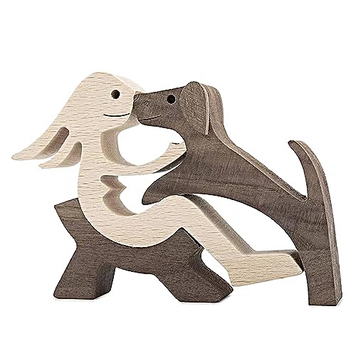 EULAPGOE Wooden Lovely Pet Carving Ornaments, Natural Solid Wood Cute Puppy Family Wooden Carving, dog and People Crafts Statue Sculpture Ornament Home Decor, Pet Lover Creative Gifts Kiss Puppy