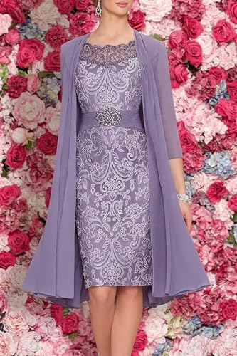 2 Pieces Tea Length Mother of The Bride Dresses with Jacket Beaded Lace Appliques Formal Evening Gown for Wedding4