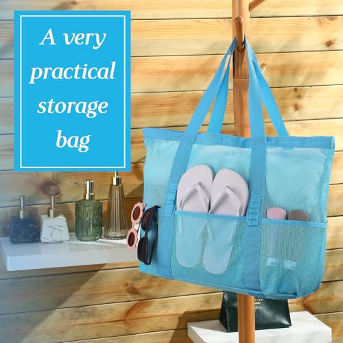 Image of Hillban Large Beach Mesh Bags Bulk for Women Beach Tote Bag with 8 Pocket Zipper Waterproof Sandproof for Pool Cruise Ship
