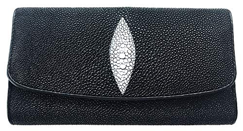 Julie Genuine Real Stingray Skin Leather One Eye Trifold Clutch Black Wallet