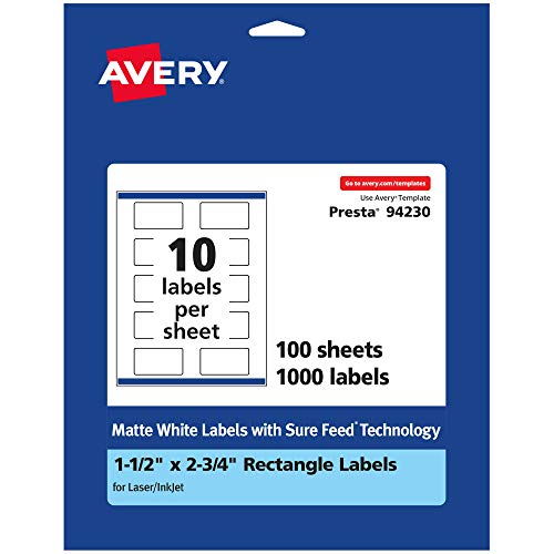 Avery Matte White Rectangle Labels, Sure Feed Technology, 1.5" x 2.75", 1,000 Matte White Printable Labels