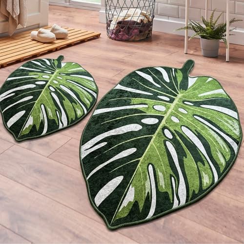 miqna Monstera Muster Grün Badezimmermatte – 2 Teileg Set, rutschfest...
