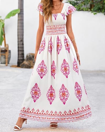 BTFBM Summer Dresses for Women 2025 Floral Smocked Boho Sleeveless Square Neck A Line Casual Beach Maxi Dress Pockets