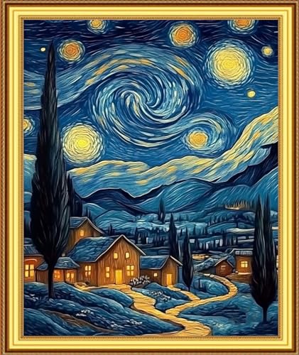 Image of Foxnyart Stamped Cross Stitch Kits Full Range of Embroidery Needlework Starter Kits for Beginners Adults 11CT Embroidery Patterns Art Crafts DIY Needlepoint Kit-Van Gogh Starry Sky Home 16x20 inchs