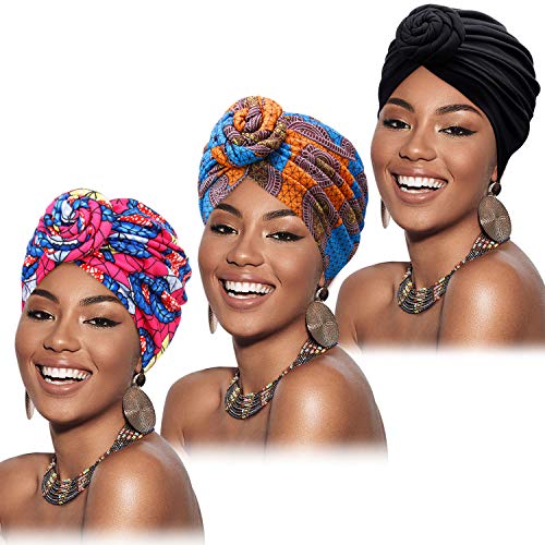 Mudder 3 Pieces Women African Turban Pre-Tied Knot Headwrap Beanie Bonnet Cap Hair Loss Hat