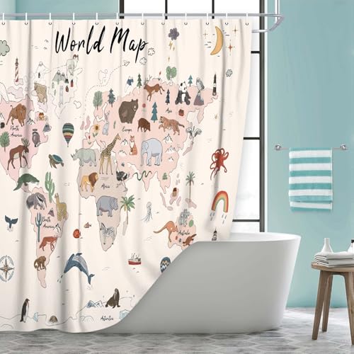 Image of World Map Shower Curtain for Kids, Cute Cartoon Animal Educational Learning Tool Restroom Curtains, Cute Cartoon Animal Educational Learning Tool Waterproof Fabric Bathroom Curtain Set with Hooks