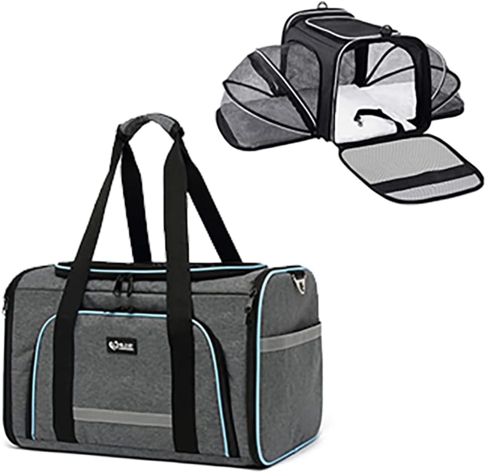 Expandable Foldable Soft Sided Pet Travel Bag with 2 Sides Expandable 4 Open Doors Removable Fleece Pad Pocket Carrier for 2 Cats,Kittens,Puppies and Dog (Grey)