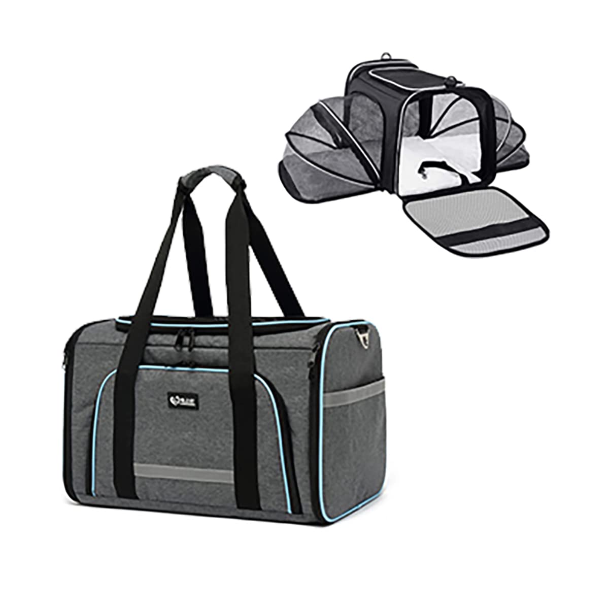 Expandable Foldable Soft Sided Pet Travel Bag with 2 Sides Expandable 4 Open Doors Removable Fleece Pad Pocket Carrier for 2 Cats,Kittens,Puppies and Dog (Grey)