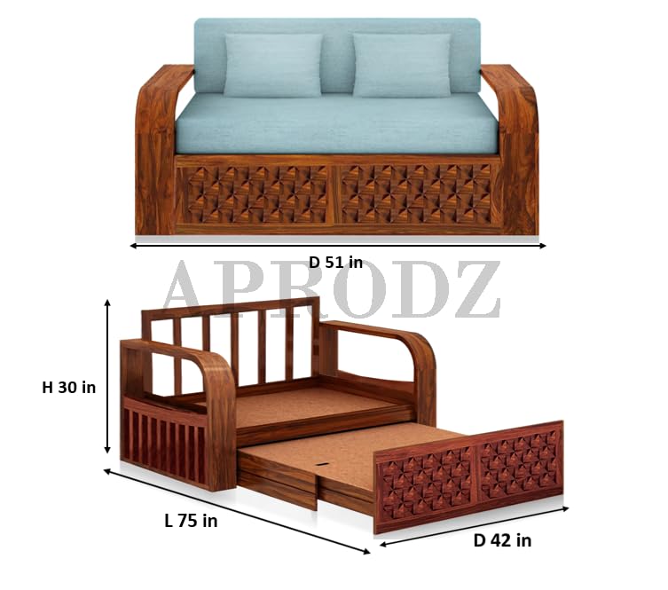 Image of APRODZ Geometric Solid Sheesham Wood Sofa Cum Bed 2 Seater Velevt Fabric with Blue Upholstery & Cushion Perfect Sofa Furniture for Home Living Office Room and Guests (Honey Finish 75x51x30-Inch)