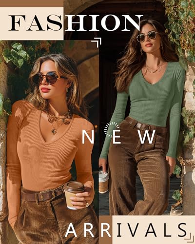 Riyiper 3 Pack Women Long Sleeve Shirts, 95% Cotton V Neck Ribbed Knit Tops Slim Fit Casual Going Out Tee Shirts2