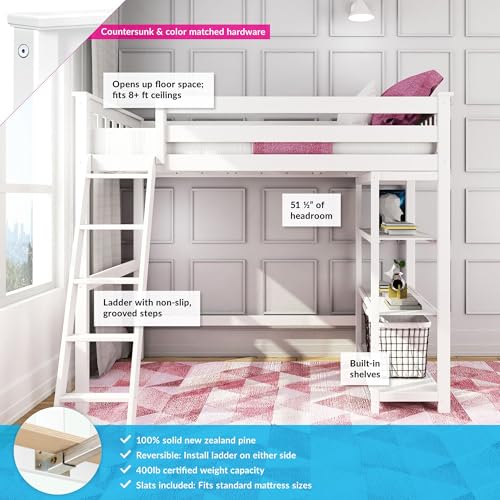 Image of Max & Lily High Loft Bed, Twin Bed Frame For Kids With Bookcase, White
