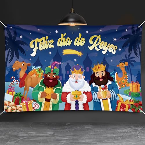 Bigqin 180 * 110 cm Pancarta Feliz Día de Reyes, Pancarta Día de los Reyes Magos, Epifanía Fiesta Banderillas para Fiestas Photocall Colorido Telón Fondo Reyes Magos Exterior Navidad Decoración