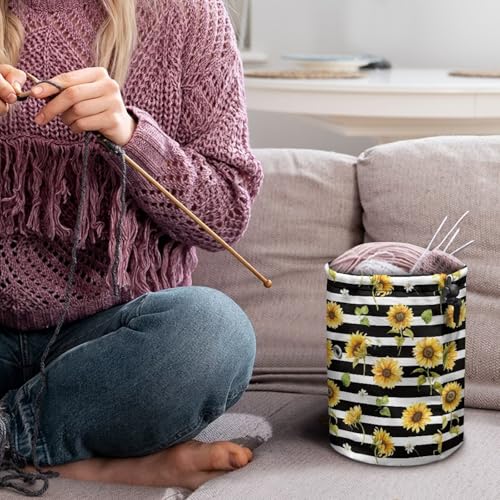 Image of Sellikakes Sunflower Stripe Yarn Bag Crochet Storage Organizer, Knitting Storage Bag Crocheting Bag Yarn Holder for Crochet Projects Skein Balls Knitting Short Needles Sewing Accessories