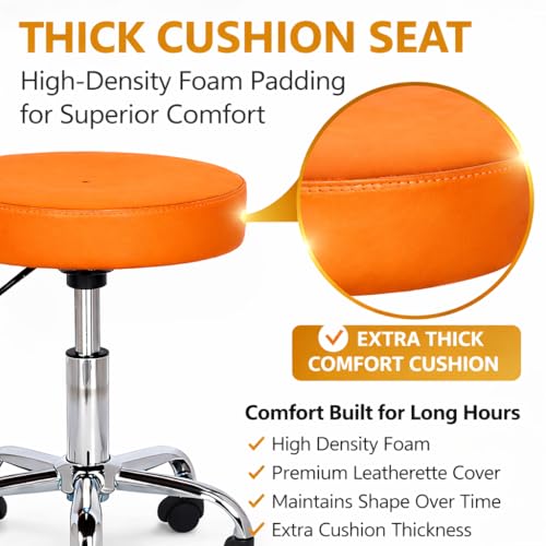 Image of NGFC Chrome Base Adjustable Swivel Stool | 15-Inch Cushioned Seat - Orange | Height Adjustable with 360 Swivel | Smooth Casters | Stylish & Durable Stool for Home, Office, Salon, Clinic, or Bar Use