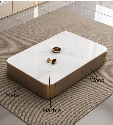 Image of WOODEN SPACE Jaguar Modern Marble Top Coffee Table with Storage | 47.24 Inch Rectangular Centre Table for Living Room | High Gloss Finish (Brown)