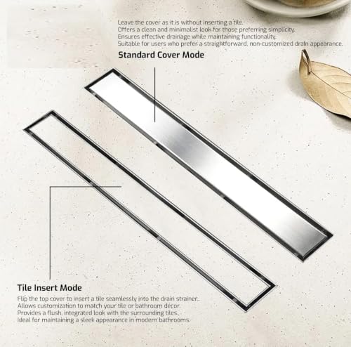 Image of Tile Insert Shower Drain Channel 12 x 4 Inch Invisible Floor Drain with Cockroach Trap 304 Stainless Steel Drain Jali Covered with Collar Side Outlet Compatible with 13mm Tiles