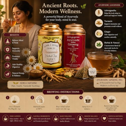 Image of Sancha Tea Boutique, Tea Combo Pack: Chamomile Flower, 50g & Indian Ginseng /Ashwagandha Teas (25 Pyramid Bags), Caffeine Free Herbal Tisanes