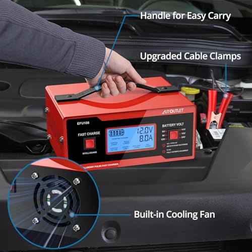 Image of AUTOUTLET Upgraded 8 Volt Battery Charger for Golf Cart Automotive Battery Charger and Maintainer 0-14A with Cable Clamps for 6 /8 /12 /14 /16 /24V Lead-Acid Batteries