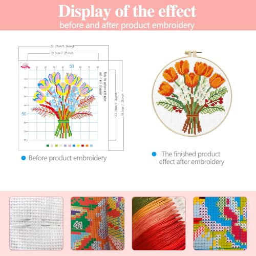 Image of Zhenqing Orange Tulip Bouquet Cross Stitch Kit for Beginners - Complete Set with Pre-Printed 11CT 24x24cm Fabric, Hoop & Threads(70359)