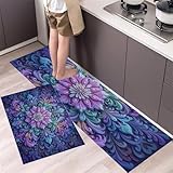 Ilustraciones Florales Flores psicodélicas Alfombra de Cocina Lavable, Antideslizante, cómoda, Impermeable, para el hogar, la Cocina y la lavandería, 2 Piezas (Púrpura, 50x80+50x150cm)