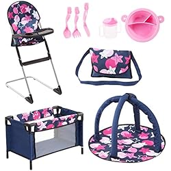 Trona Portatil Cam Bayer Design Accesorios para muñecas con cuna de viaje, trona, bolso (estrellas, azul, rosa)