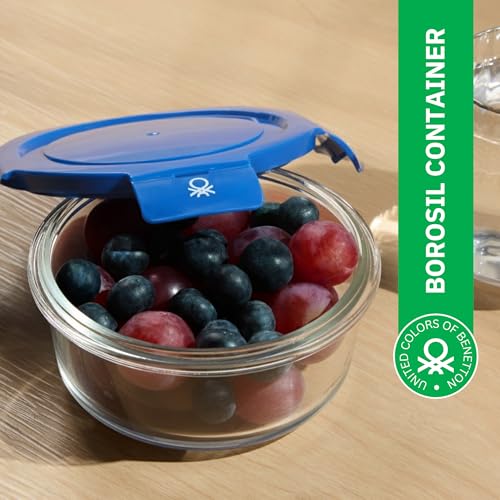 Image of United Colors of Benetton 570ML Borosilicate Glass Food Storage Container with Airtight Blue Lid - Leakproof, Microwave, Oven, Freezer & Dishwasher Safe - Durable & Reusable Lunch /Dinner Box