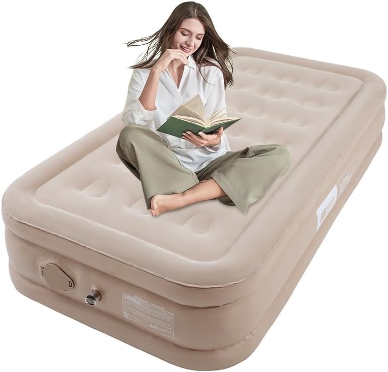 Image of Air Mattress with Built in Pump - Twin Size Double-High Inflatable Mattress with Flocked Top - Easy Inflate, Waterproof, Portable Blow Up Bed for Camping & Travel
