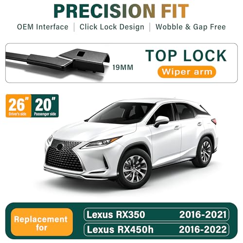 Image of Windshield Wiper Blades Replacement for Lexus RX350 RX450h 2016-2021 2022 | RX350 2016-2021 RX450h 2016-2022,Original Equipment Replacement Front Rear Wipers Blade Set - 26 inch+20 inch+16 inch (Set of 3) Top Lock