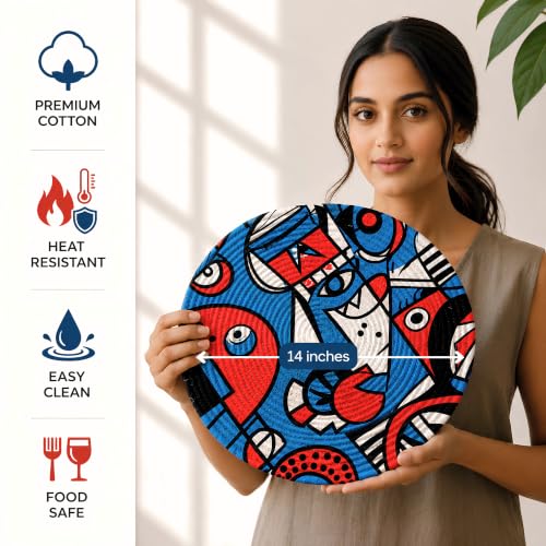 Image of Zimittory Premium Round Cotton Dining Table Mats Set of 2 | Washable Heat Resistant Food Mat | Circular Dining Table Hot Plate Mats & Coaster for Hot Utensil (14-inch /Pablo Pop)