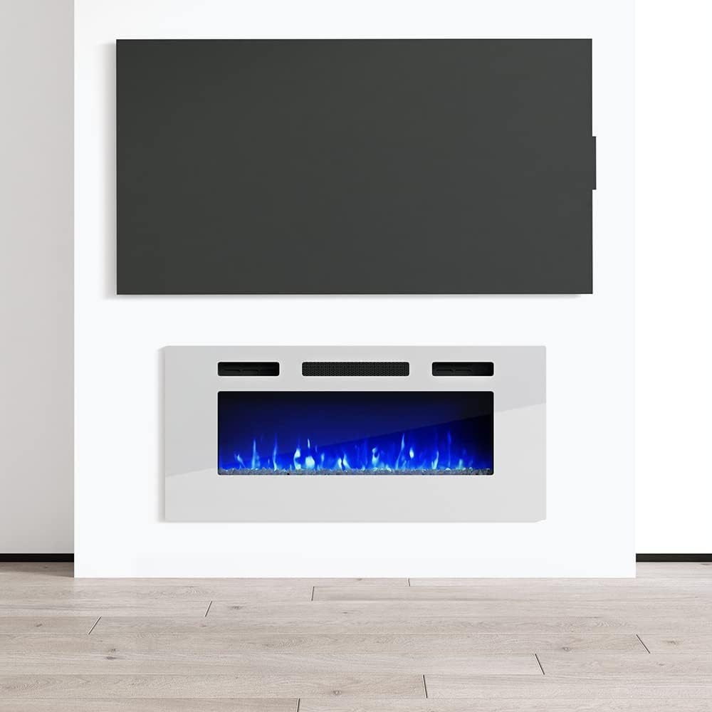 Meble Furniture 40" Electric Fireplace Recessed Wall Mounted Heater — Remote Control with Flame Effects — 18.38" H x 40" W x 4.74" D — White