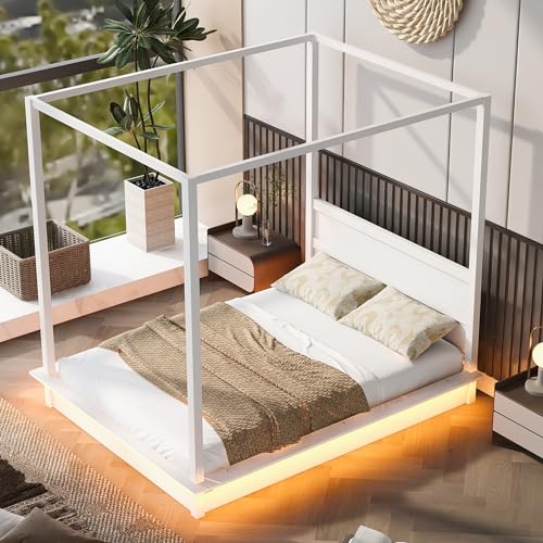 OYUMOENTS Queen Canopy Bed Frame with LED Light, Solid Wood Canopy Bed with Support Slats, Mattress...