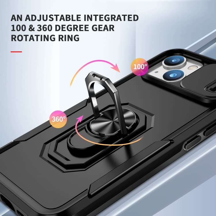 Image of Polycarbonate Back Cover Case Compatible for Apple iPhone 15 Plus with Slide Camera Cover & Rotated Ring Stand | Military Grade Mobile Phone Cover Case for Apple iPhone 15 Plus (Black)